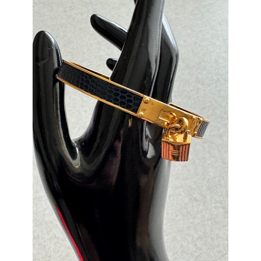 Hermes Kelly Padlock Blue Exotic Leather and Gold Plated Bangle Bracelet 7.5"
